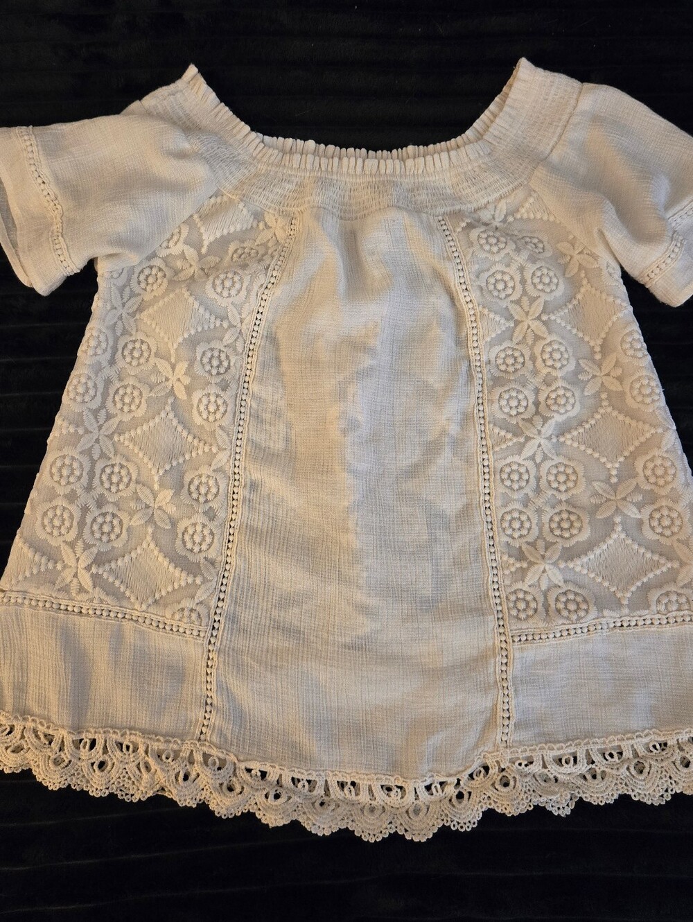 Blu Pepper Cream Off-The-Shoulder Crochet Lace Boho Babydoll Blouse Med EUC